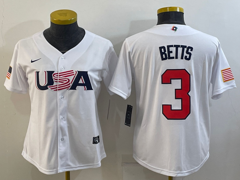 Women's White USA Baseball #3 Mookie Betts 2023 World Baseball Classic Stitched Jersey(Run Small)